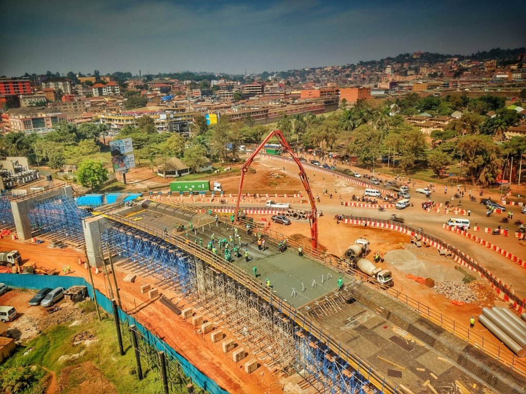 City skyline with an active construction site in Uganda

