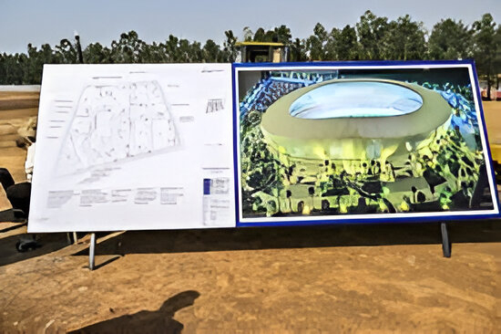 Groundbreaking ceremony at Akii-Bua Olympic Stadium, Lira — showing stadium rendering and dignitaries