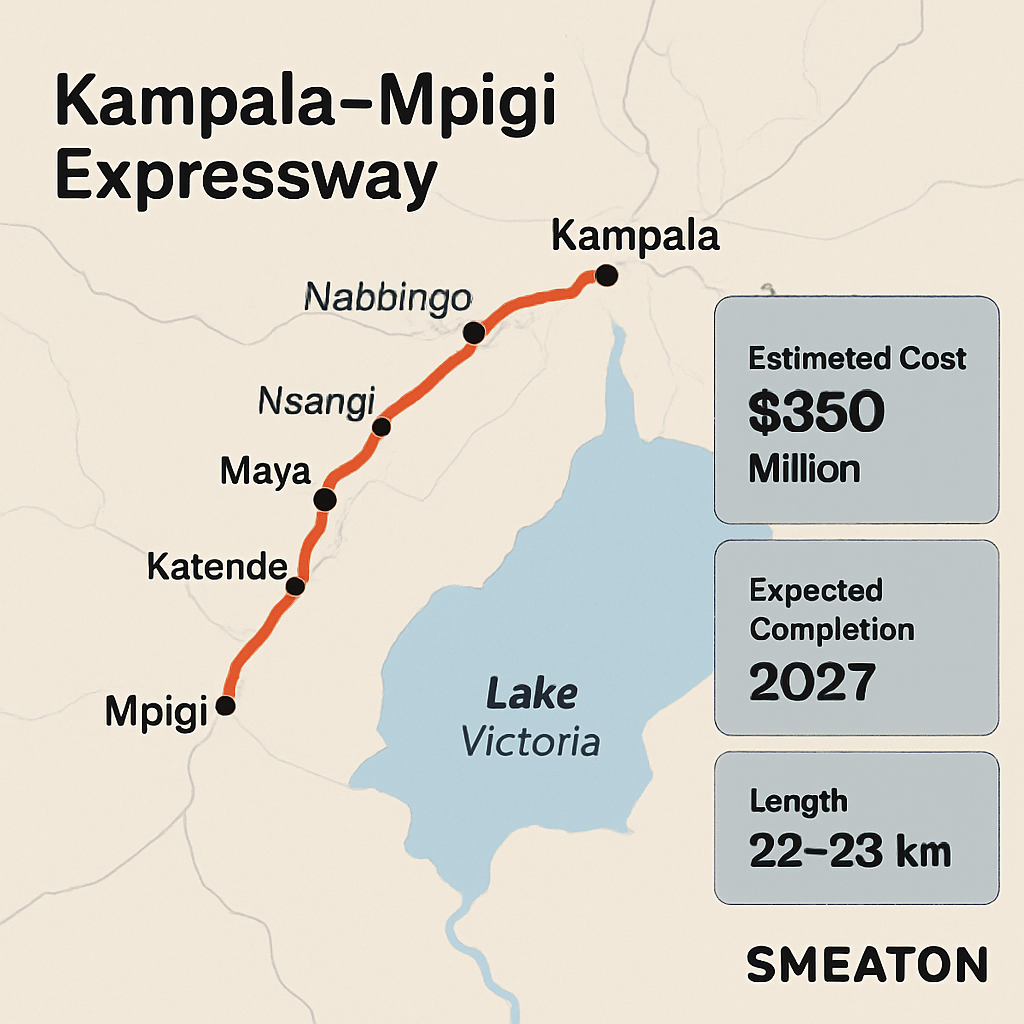 Map showing the Kampala–Mpigi Expressway route in Uganda with key interchanges, estimated cost of $350 million, expected completion in 2027, and total length of 22–23 km.