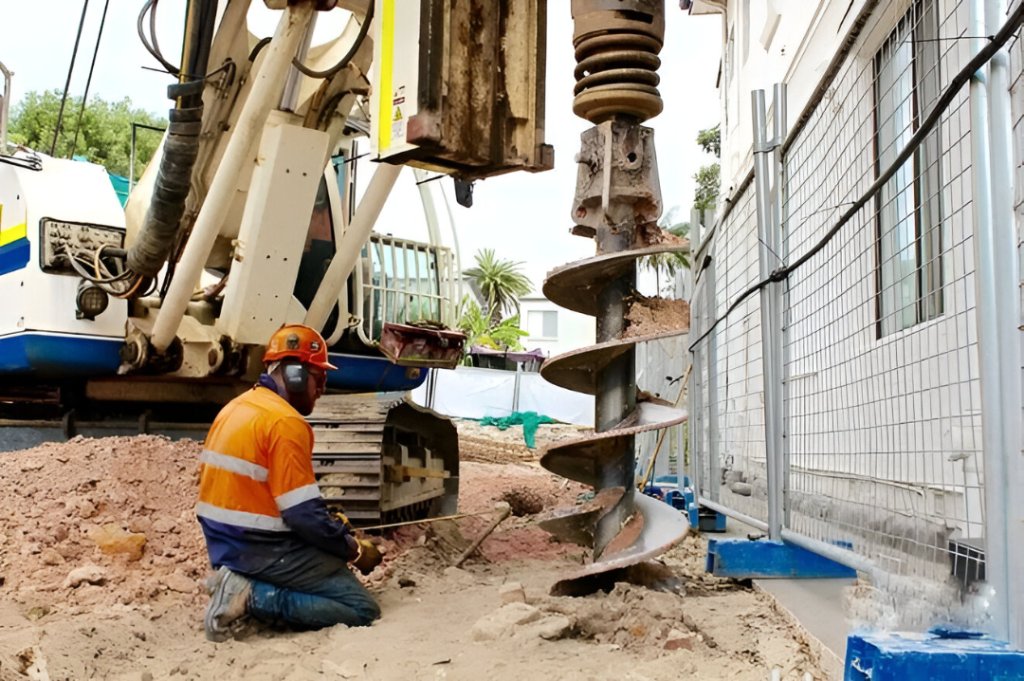 “oundation piling work at a construction site in Kampala, Uganda by Smeaton Constructions, showing bored pile installation and steel reinforcement