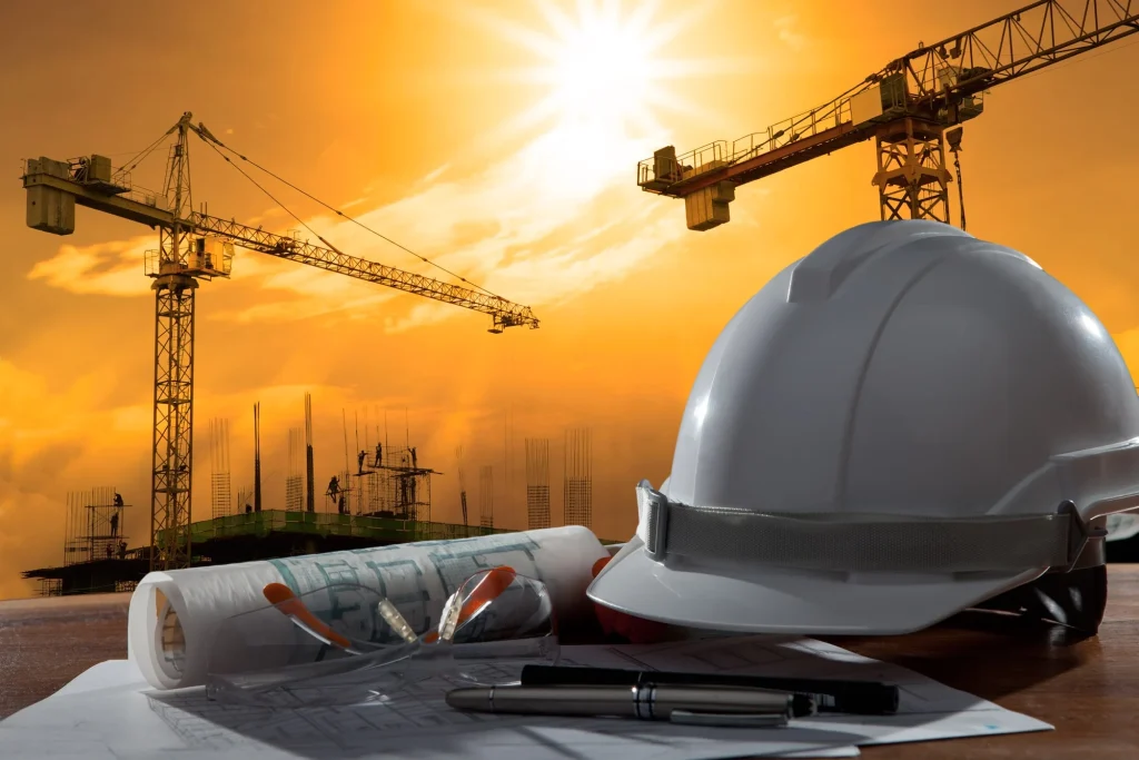 Construction site with cranes, safety helmet, and building plans – Smeaton Constructions Uganda