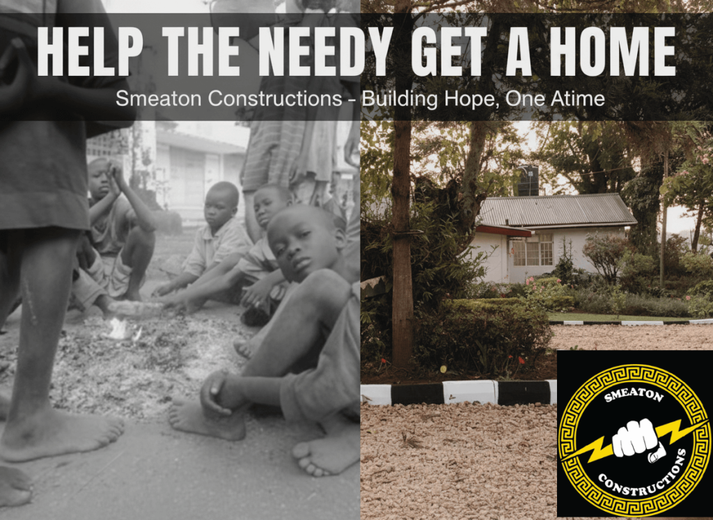Children before receiving a home and the new house built by Smeaton Constructions – helping the needy get affordable housing