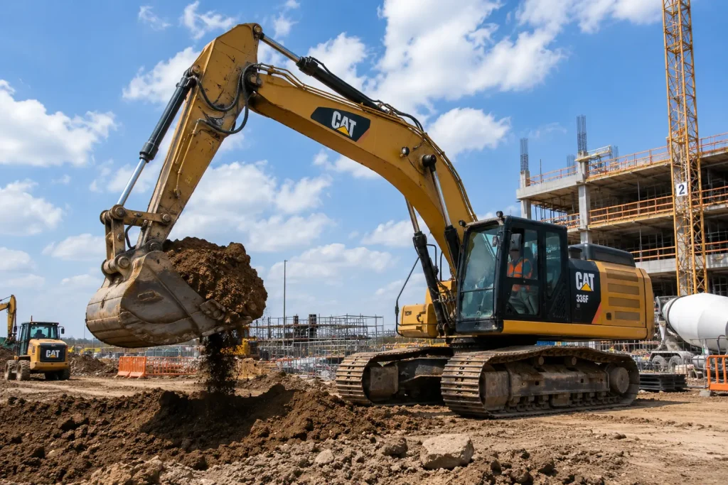 Excavator working on a construction site in Uganda