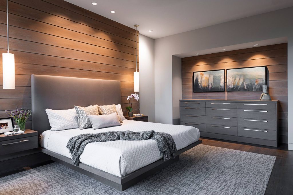 Modern bedroom design in Uganda with practical storage and lighting