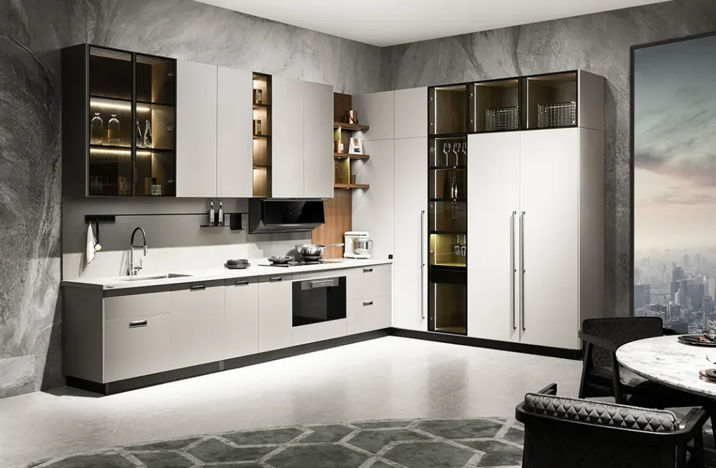 Modern kitchen design in Uganda with practical storage and lighting